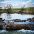 The storage lake with a tree trunk laid across the stream